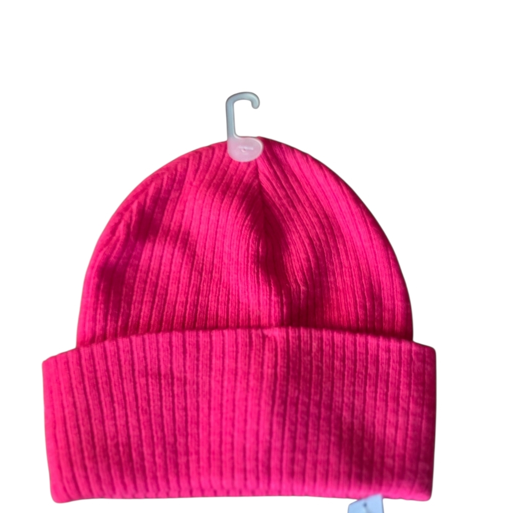Kids Neon Pink Ribbed Knit Beanie Hat